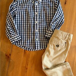 Tommy Hilfiger Navy and White Checkered Button Down Shirt and Khaki Slacks 2T